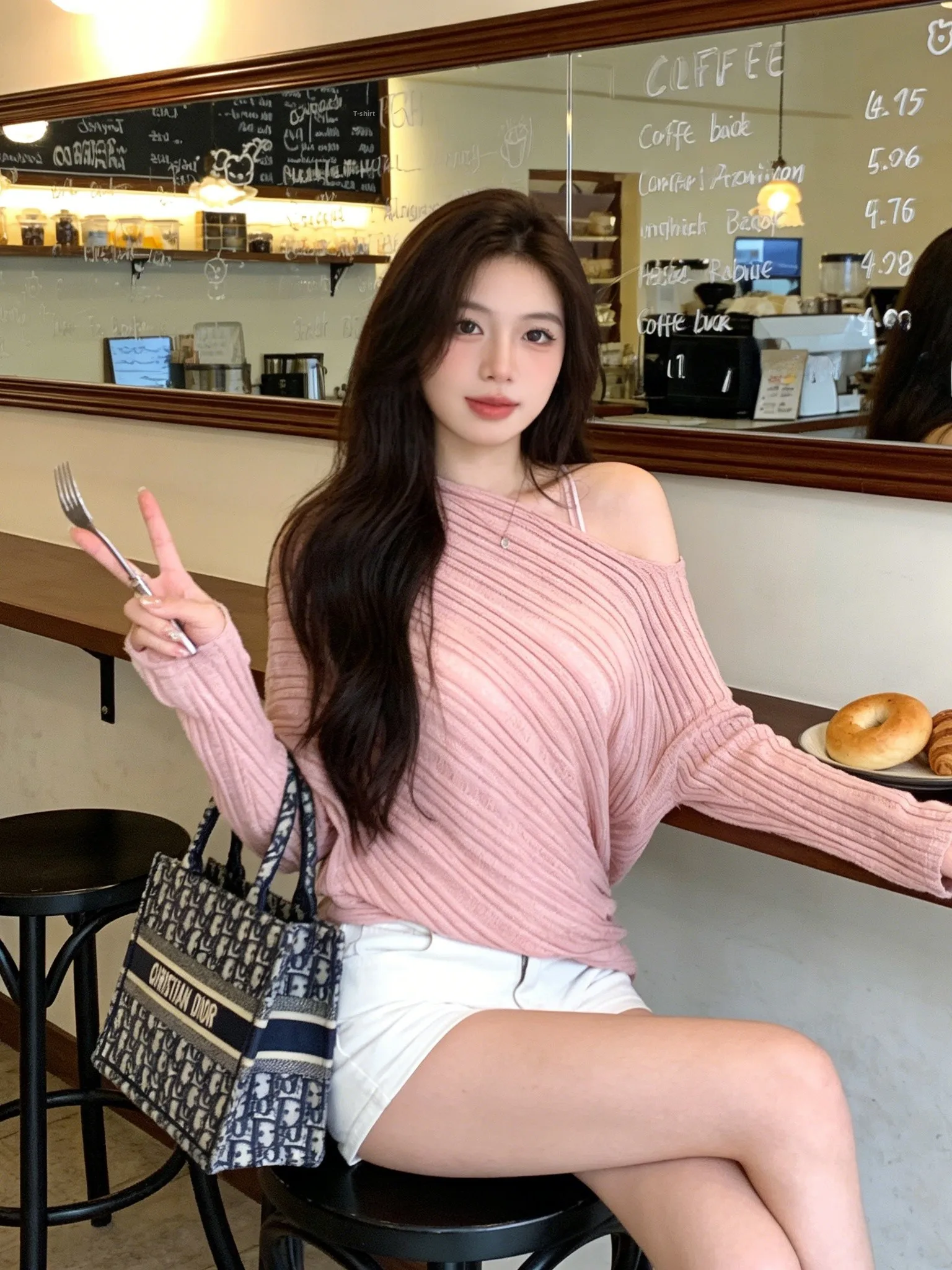 

Spring New Loose Knitted Long Sleeve T-Shirt Women's Casual Style Pure Desire Wind Slant Collar Batwing Sleeve Top