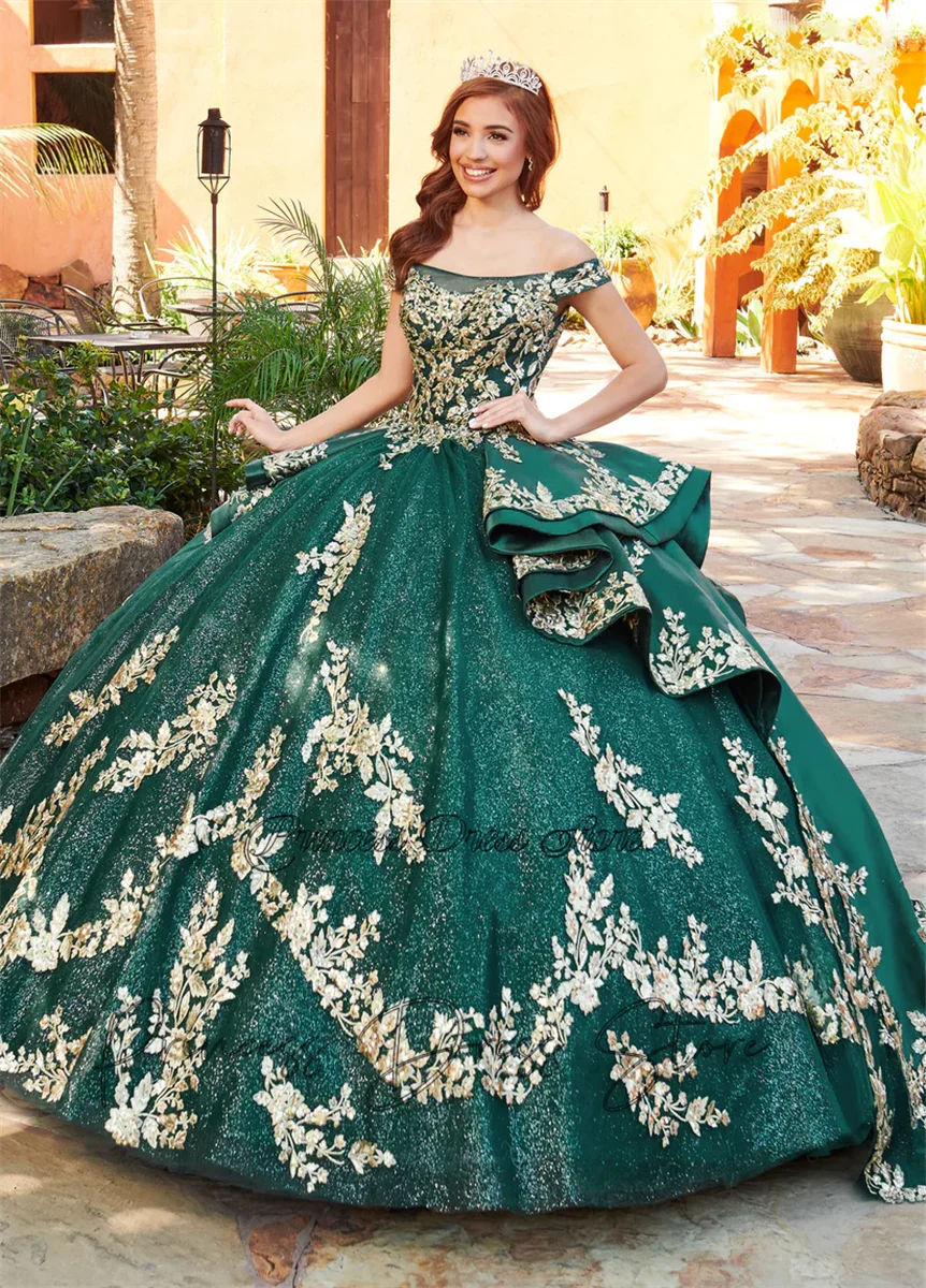 Luxe Groene Prinses Baljurk Quinceanera Jurken Mexio Kant Appliques Kristallen Kralen Trouwjurk Prom Party Sweet 16 Jurk