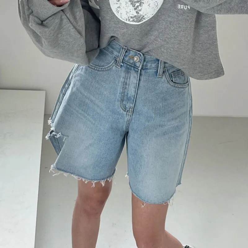 

Retro High Waist Wide Leg Jeans orts Women's Versatile Chic Summer Worn-look Tassel Design Slimming Effect Five-Quarter Length