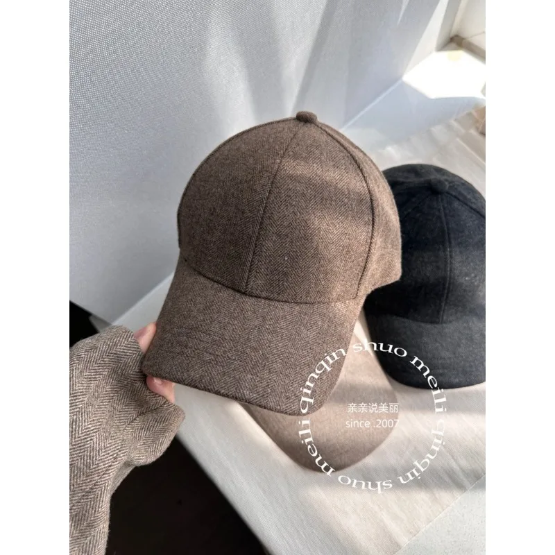 Unisex Winter Herringbone Wool Structured Baseball Cap Slim Face Thick Hat