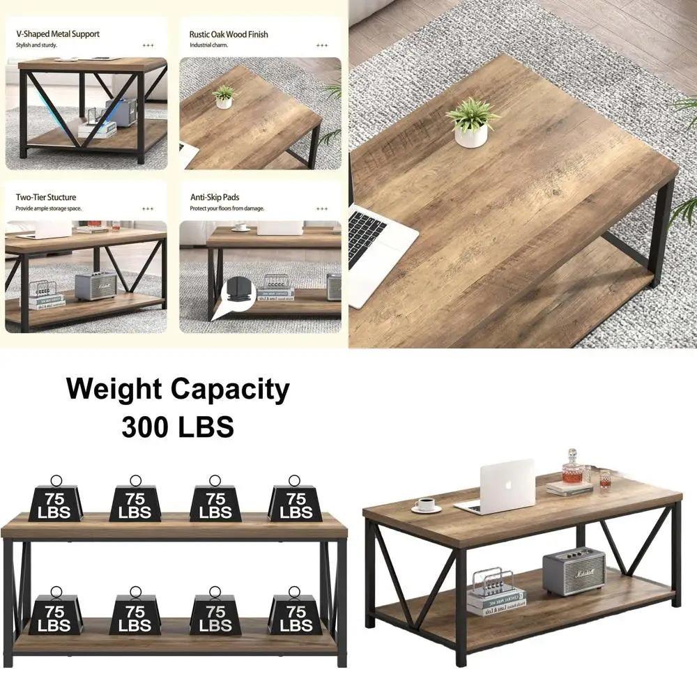

Modern Industrial Style Metal and Wood Coffee Table with Storage Shelf, Small Rectangular Living Room Cocktail Table, Rustic Oak
