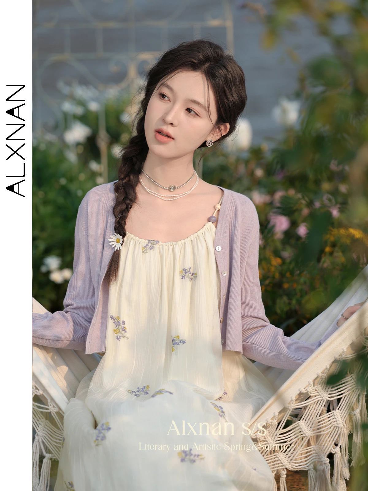 ALXNAN Elegant V Neck Cropped Cardigan for Women 2024 Spring Summer Purple Knitwear Womens Outerwear Female Clothing L33770SY