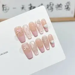 10Pcs Ballerina Handmade Acrylic Fake Nails with Bow Pearl Glitter Gel Nail with Glue Sweet French Full Cover Nail Manicure Tips