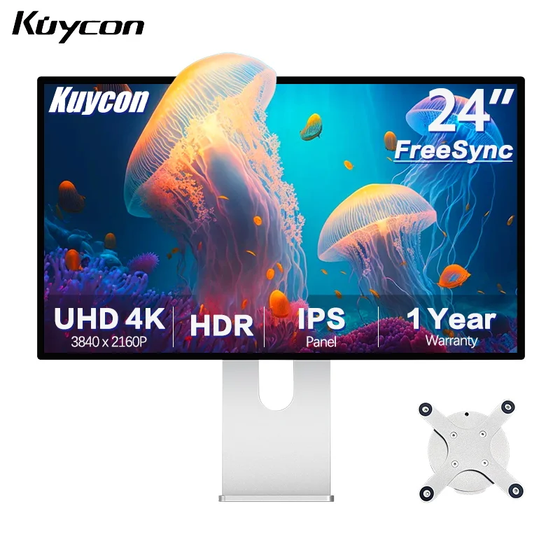 Kuycon P24U Computer Monitor 24 Inch IPS Black Panel UHD 4K PC Display Aluminum Alloy with Lifting Rotary Stand HDMI USB-C Ports