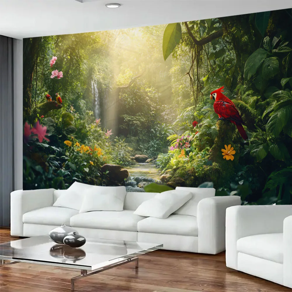 

Jungle bird tapestry with elegant plants, flowers, living room wall decoration, enhancing home aesthetics, background poster