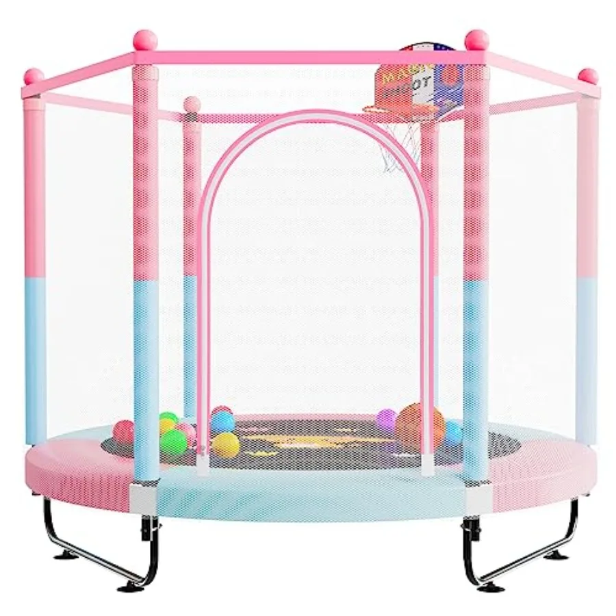

60 Trampoline for 5 FT Indoor Outdoor Toddler Baby Trampoline with Basketball Hoop Safety Enclosure Bright Blue Safe Bounce Fun