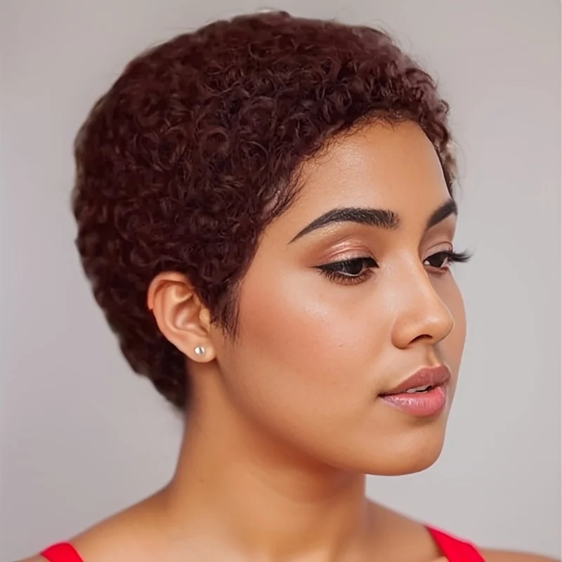 짧은 아프로 킨키 컬리 웨이브 픽시 컷 가발 여성용 인모 전체 기계 제작 가발