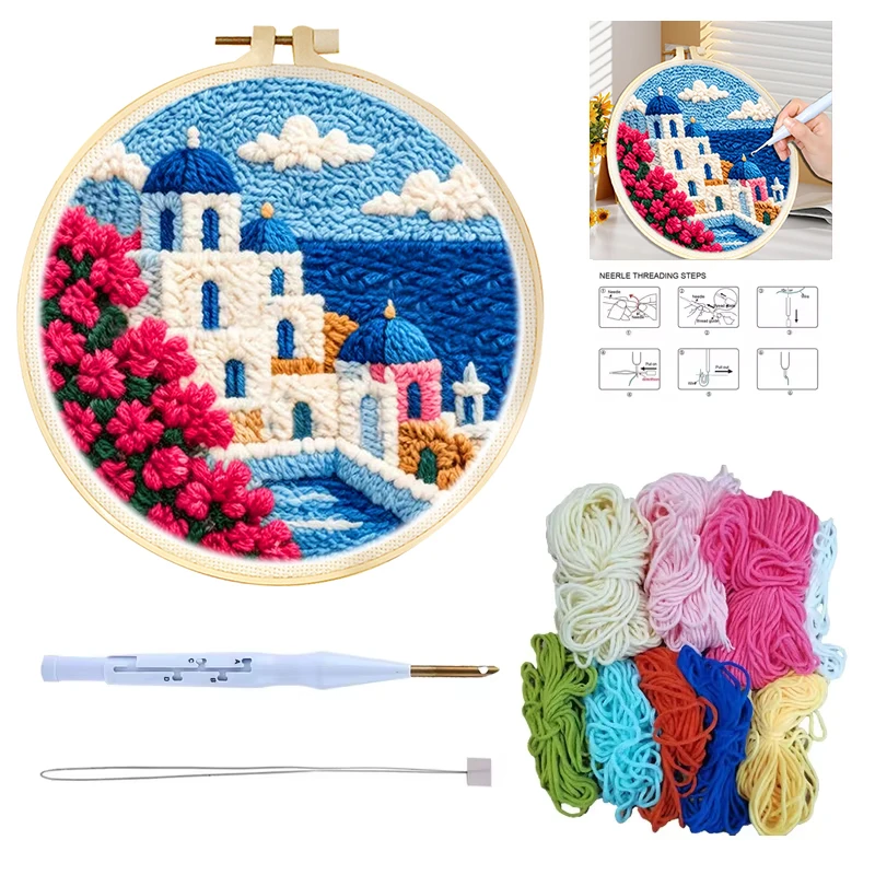20x20cm Sea View Punch Needle Embroidery Kit DIY Wool Rug Hooking Set Punch Needle Kits For Beginners Craft Gift Home Decor