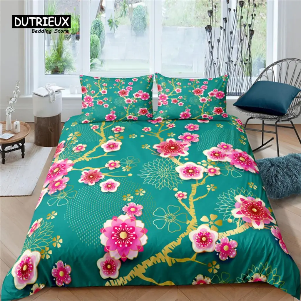 Home Living Luxury Flower Print 2/3Pcs Soft Duvet Cover PillowCase Queen and King Size Kids Bedding Set EU/US/AU Size