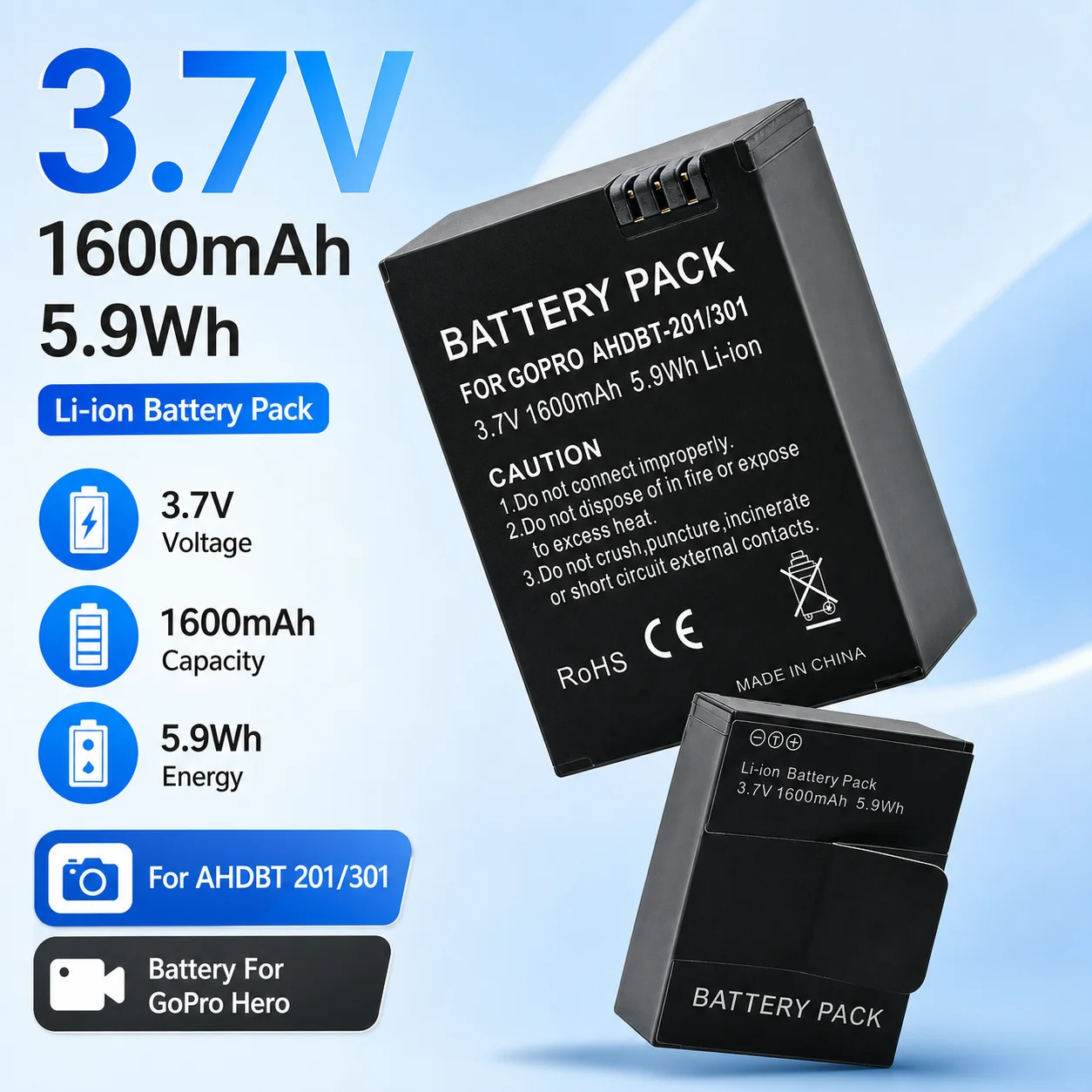Rechargeable Camera Battery AHDBT-301 AHDBT 301 1600mAh Replacement Battery Pack For GoPro Hero 3 Hero 3+ Camera