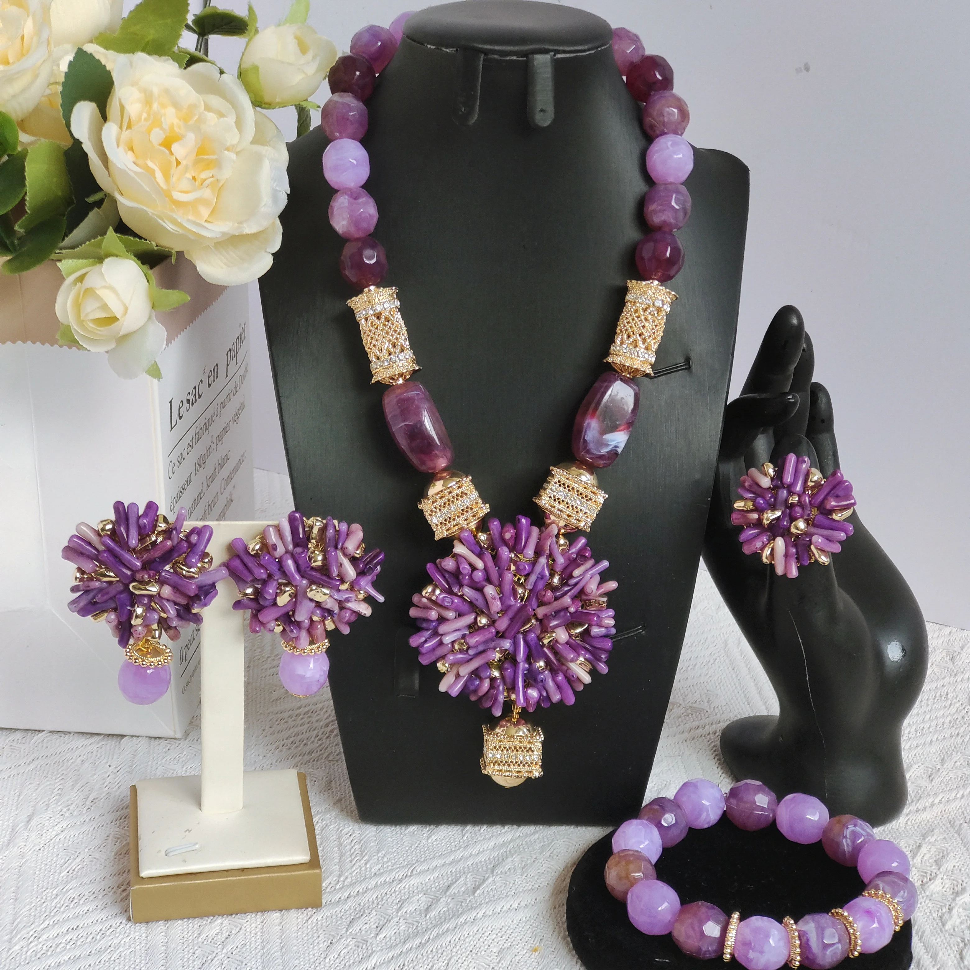 

Laanc purple coral bead nigerian jewelry sets for woman weddings