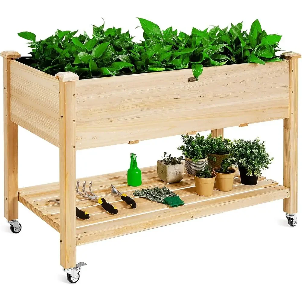 Portable Wooden Planter Box with Legs, Liner, Drainage for Elevated Gardening, 47.5 L x 23.5 W x 33 H