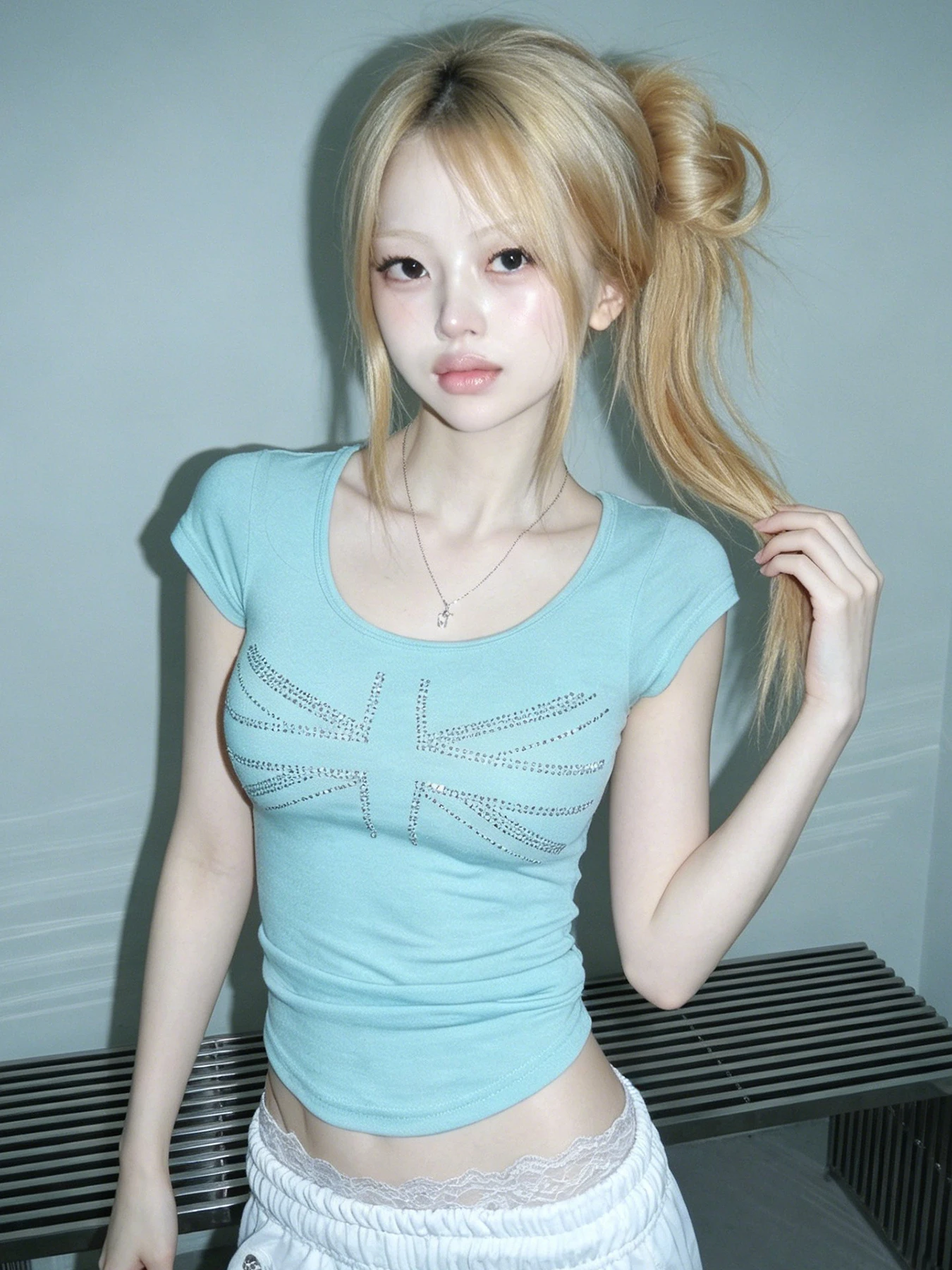 Dopamine Light Blue Short Sleeve Slim Fit T-Shirt Waist Cinched Outerwear Summer Casual Style for Girls Fashionable Versatile