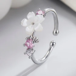 New Crystal Shell Flower Zircon Open Ring Cherry Blossoms Sakura Leaf Adjustable Wedding Rings for Women Girl Sweet Jewelry Gift
