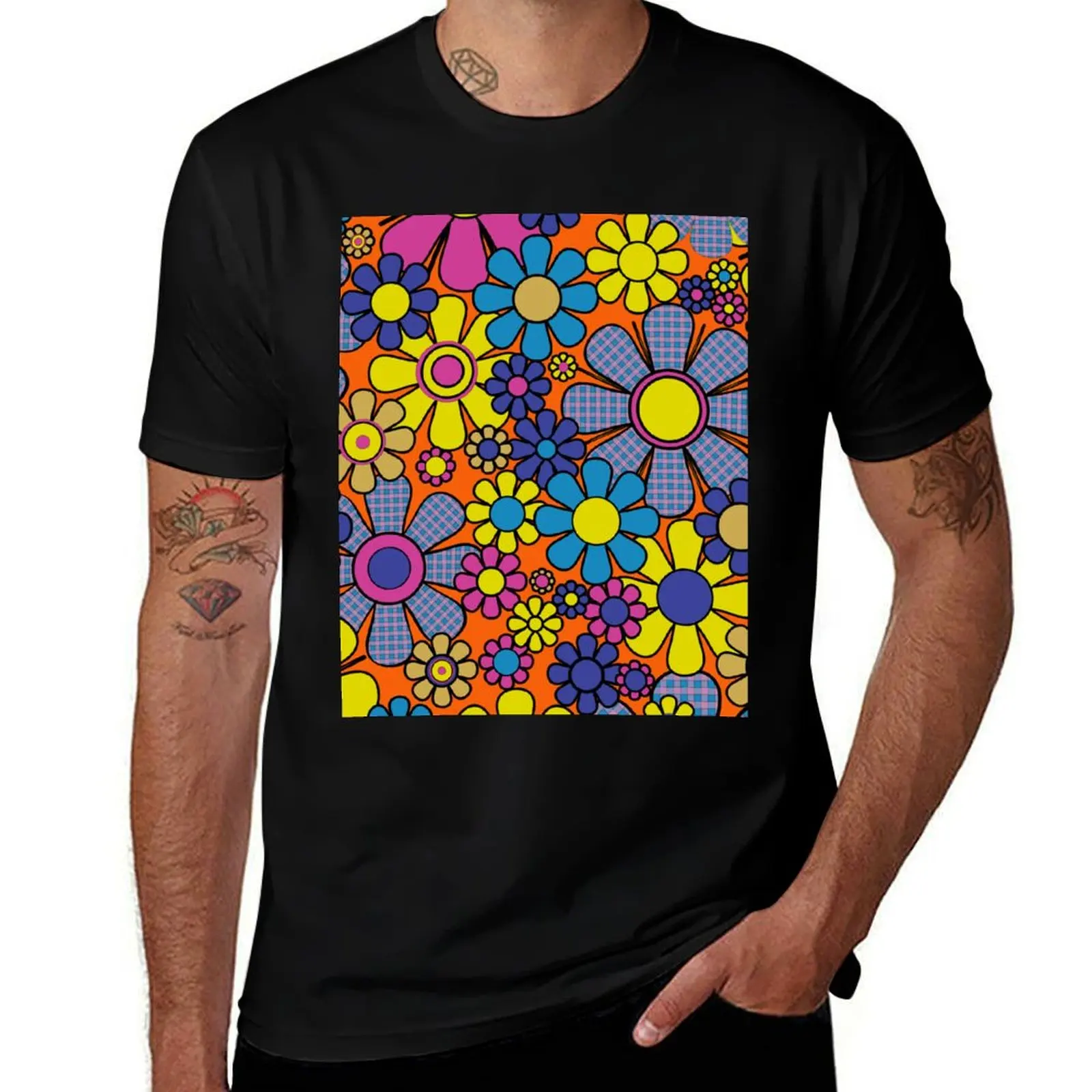 Groovy Maximalist Floral Retro Garden Gingham Flowers 60s 70s Pattern T-Shirt Festival Short Sleeve T-Shirt