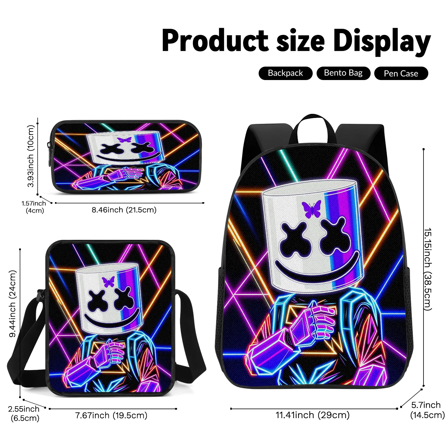 3-Piece Neon Mask Character Print Backpack Set, Includes Backpack, Crossbody Bag and Pencil Case, Lightweight Unisex