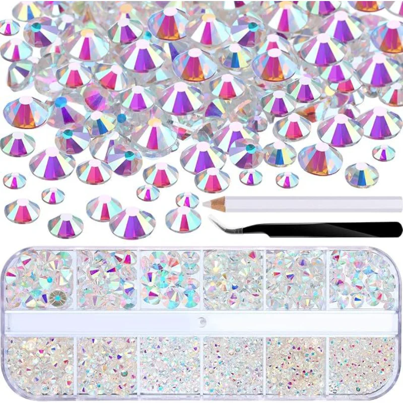12Grid 2000pcs Mix Sizes Hot Fix Rhinestones Set Flatback Stone Crystal Glass Strass Glue on Rhinestones for Wearing Garment