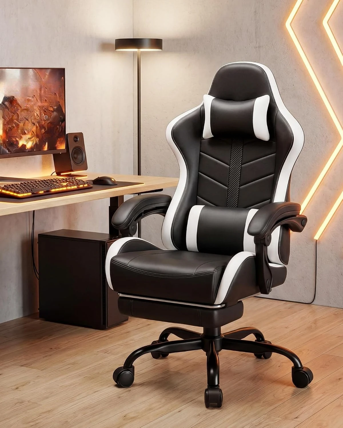 Gaming Chair Premium PU Leather Standard Size Ergonomic , 90-155° Recline & Removable Headrest Lumbar Support All Seasons Universal White