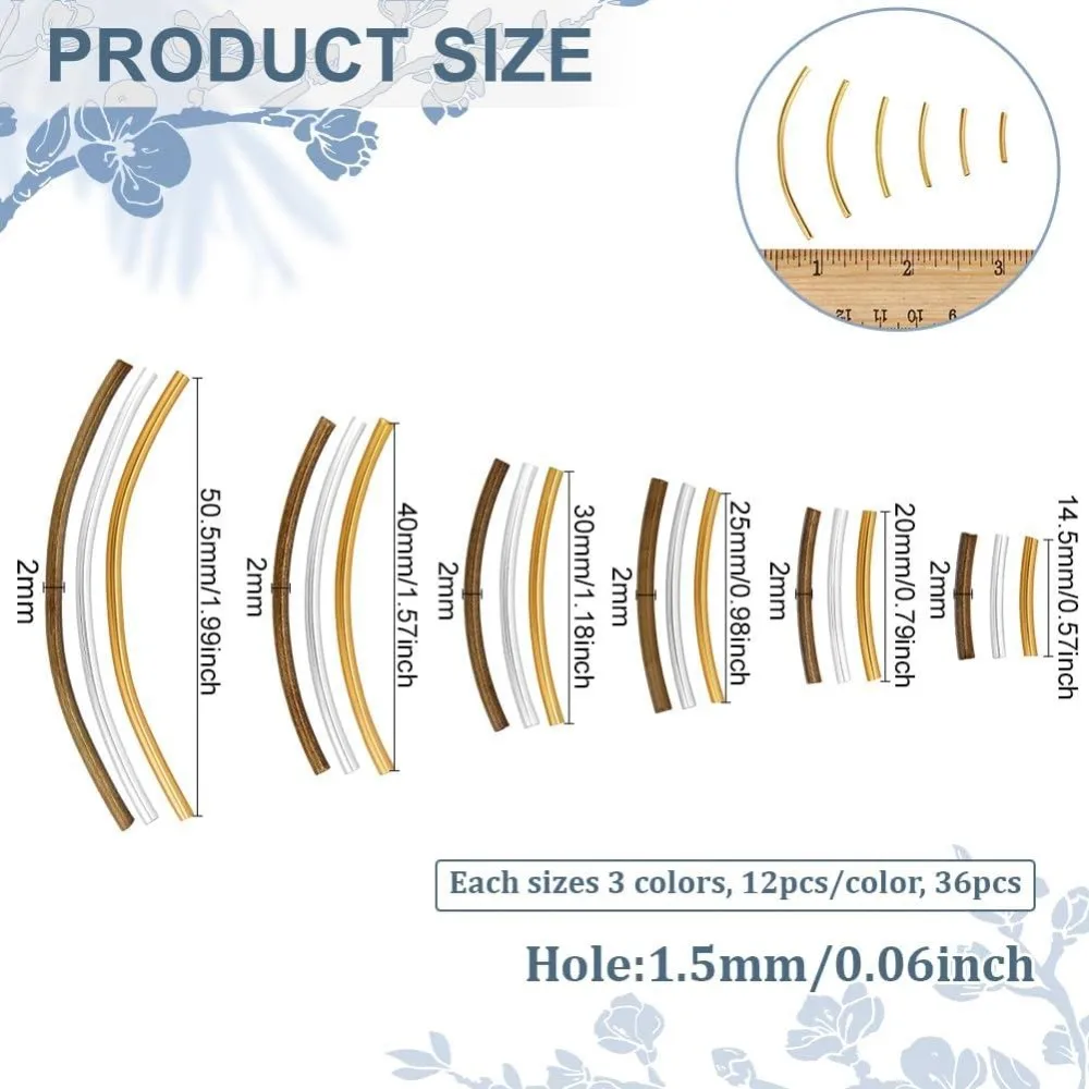 216pcs 6 Size Noodle Tube Beads 3 Colors Brass Curved Tube Beads Vintage Spacer Bead 14.5mm 20mm 25mm 30mm 40mm 50.5mm