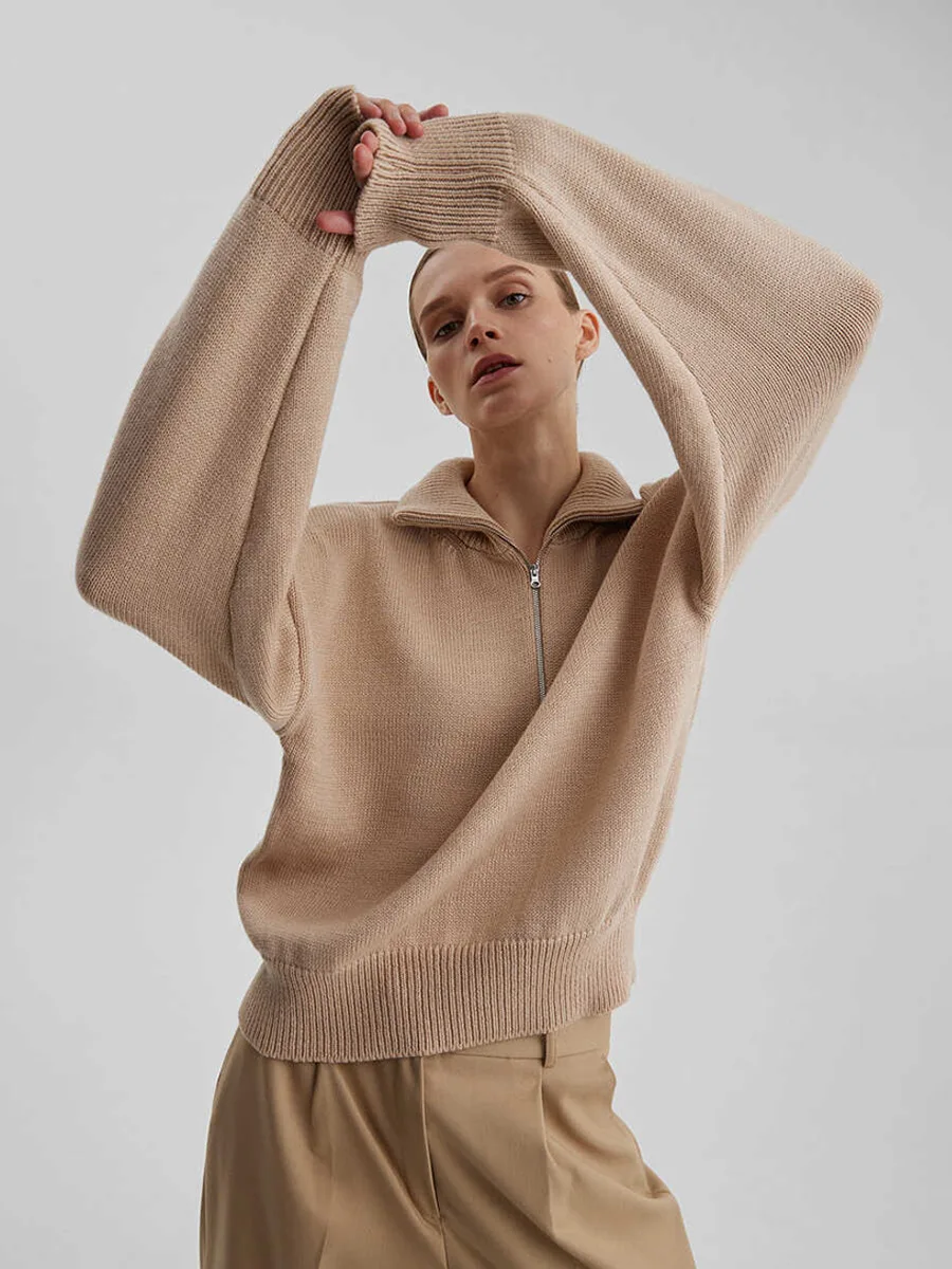 Women's Pullovers Solid White Stand Up Collar Half  Zip Sweaters Loose Fit Casual Warm Autumn Winter Top Knit Jumpers Women