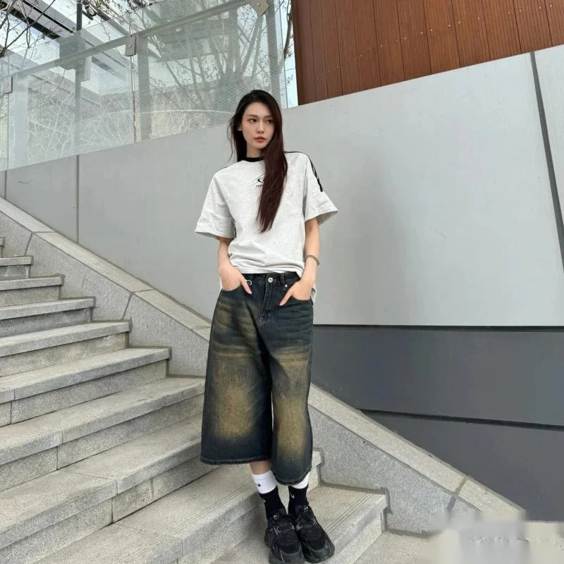 Vintage Streetwear Women Jeans Summer Loose Male Wide Leg Length Shorts Men Oversize Fashion Denim Y2K Punk Style Trouser Pants