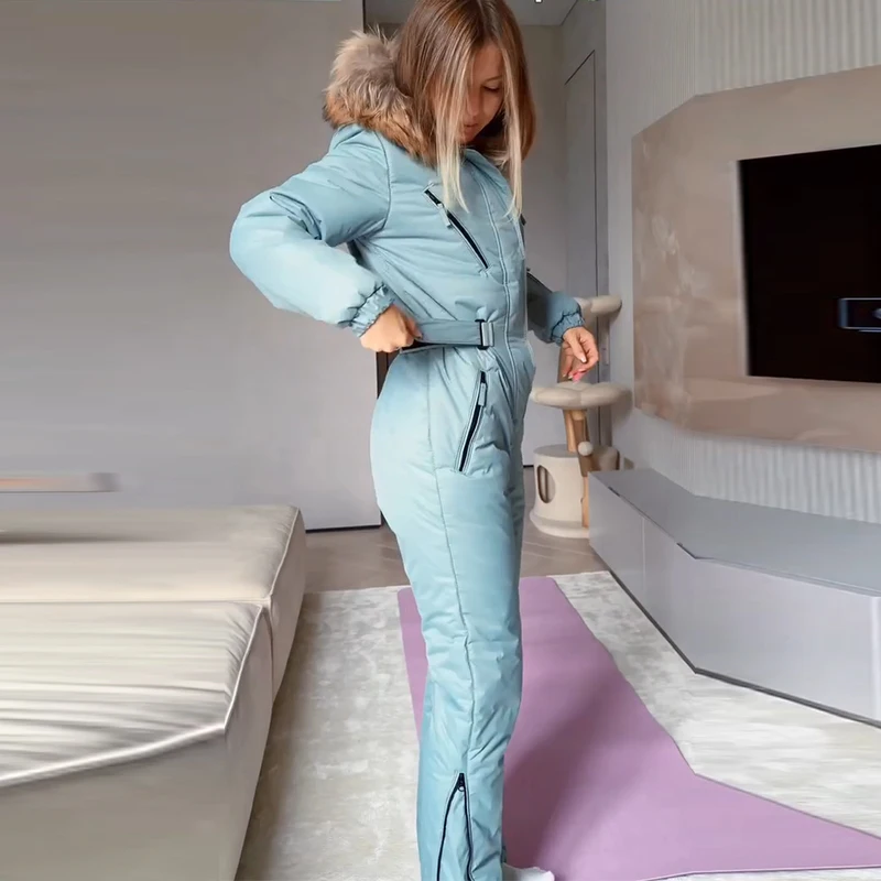 Ski-Overall mit Kunstfellkragen, tailliert, für Damen, sportlich, mit Kapuze, Laternenärmeln, Reißverschlüssen, schmal geschnitten, Winter-Skibekleidung für Damen – Detail 17