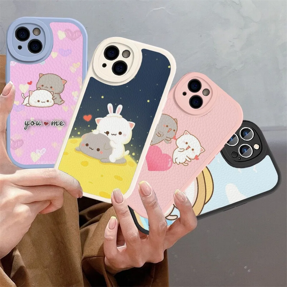 Couple Lovely Cute Gray Cat Phone Case Hard Leather For IPhone 16 15 14 13 12 Mini 11 14 Pro Max Xs X Xr 7 8 Plus Fundas