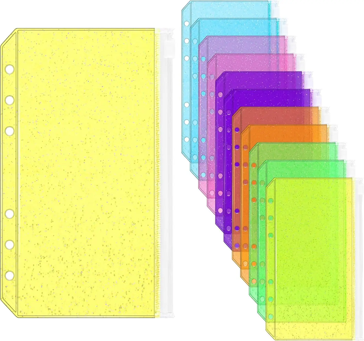 

A5/A6 Zipper Pockets Colorful Glitter Pocket Sleeves 12 Pack Plastic Sheet Protectors for 6 Ring A5/A6 Binders（6 Color）