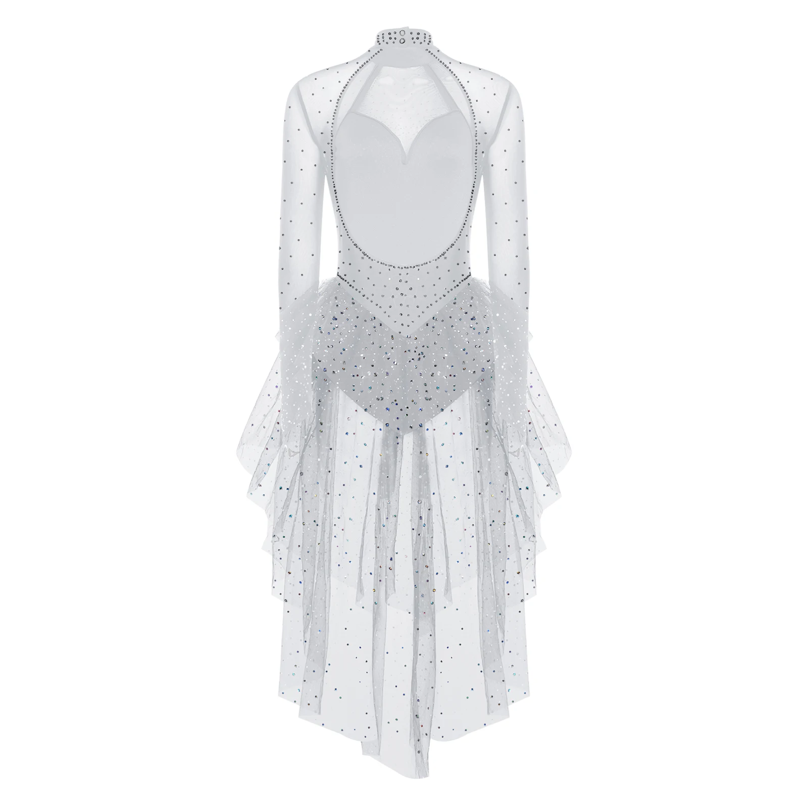 Damen Eiskunstlauf-Bodysuit mit Langen Ärmeln, Strass-Verzierung, Stufenförmigem Rüschen-Tüllrock, Leotard-Jumpsuit für Ballett-Wettbewerbe und Tanzbekleidung – Detail 6
