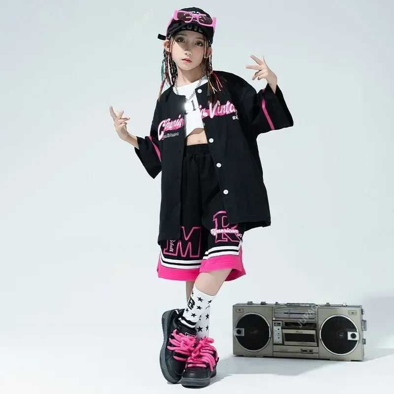 Summer Hip Hop Jazz Performance Clothes Sets Boys Short Sleeve Letter Print Shirt and Shorts Teen Girls Street Dance Costumes