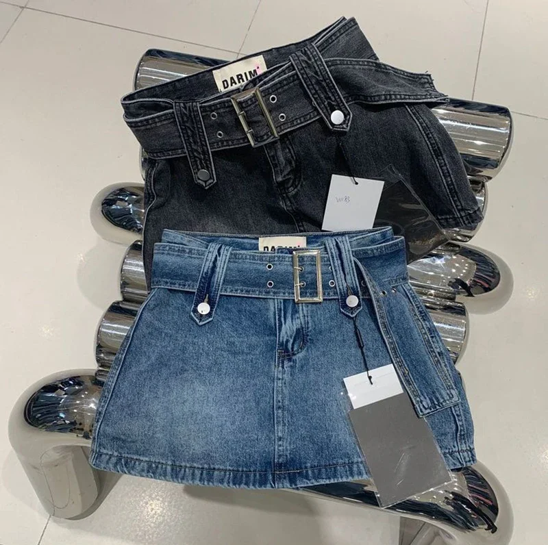 Y2K Belt Denim Mini Skirts Women Streetwear Club High Waist Jeans Skirt Vintage Harajuku Korean Slim All Match A Line Skirt New