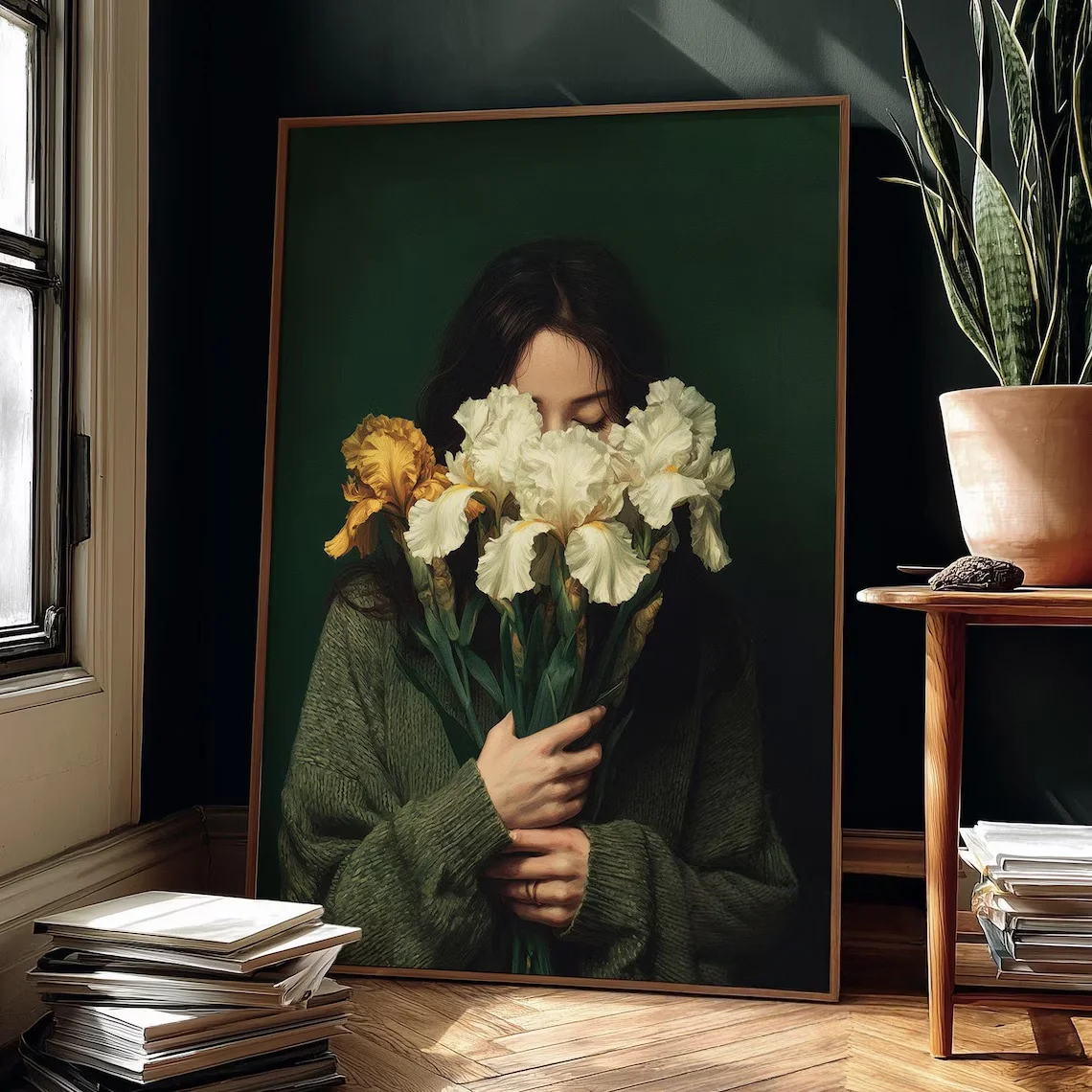 Arte de pared mujer verde esmeralda con iris blancos impresión en lienzo retrato decoración eclética cartel escandinavo para
