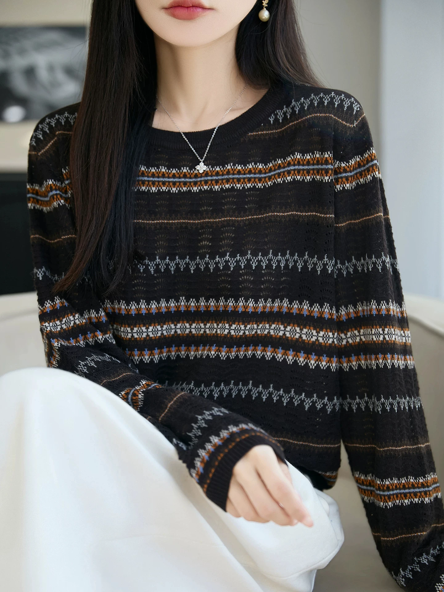 Women's Fine Knit Wool Stripe Sweater Hollow out Long Sleeve Soft Versatile Base Shirt round Neck Casual Loose Fit Top