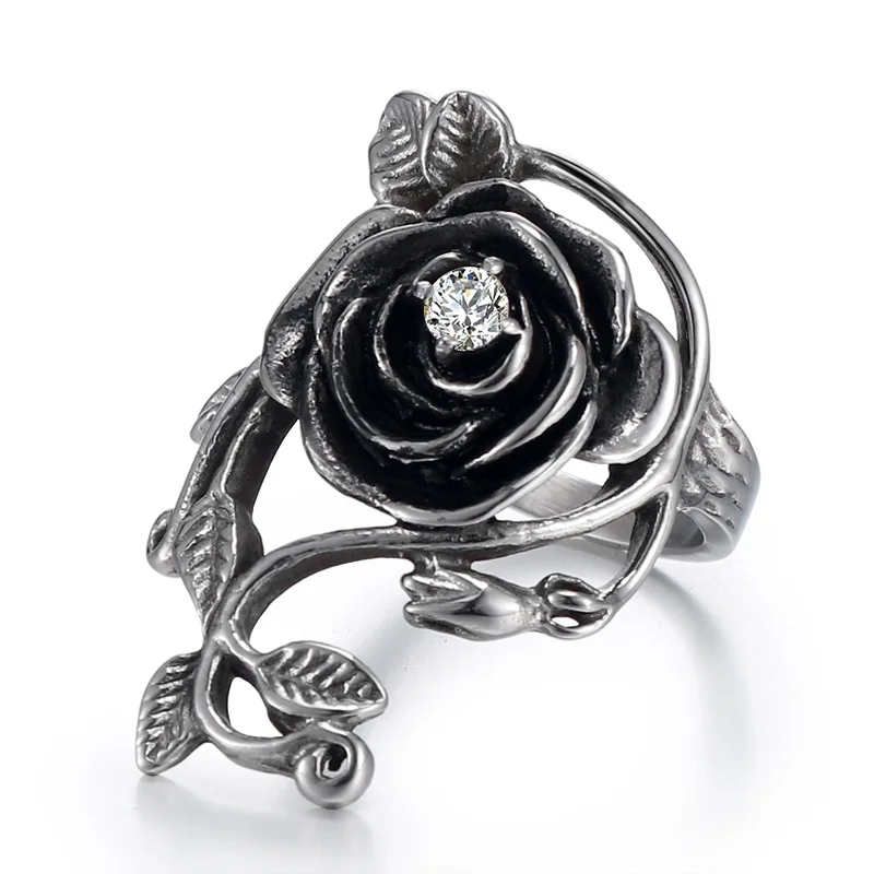 Fashion Rose Flower Ring With Rhinestone Stainless Steel Charm Vintage Personality Rose Women Jewelry SYR0007