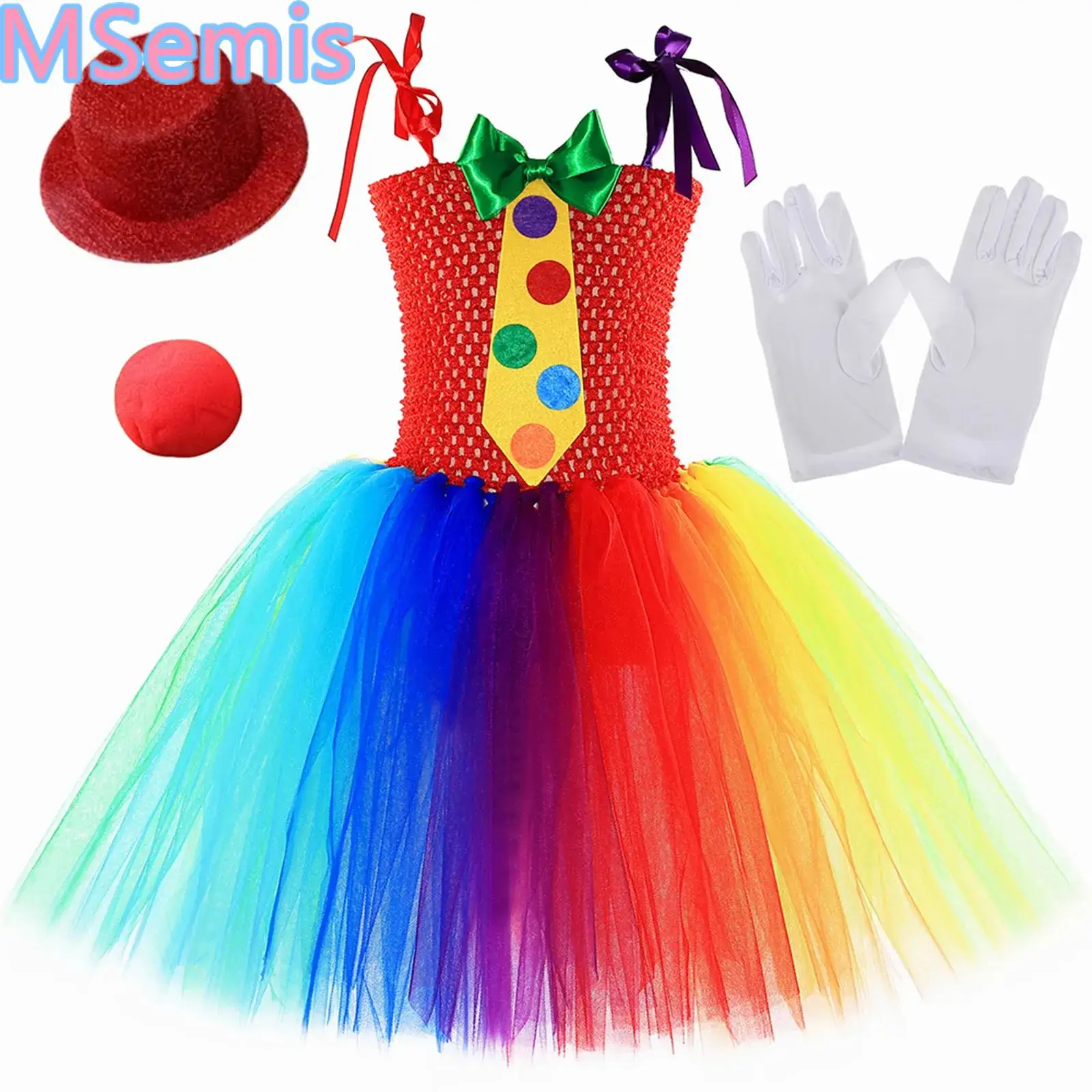 Girls Funny Joker Halloween Tulle Dress Rainbow Circus Clown Costume Circus Puffy Dress for Carnival Xmas Birthday Party Clothes