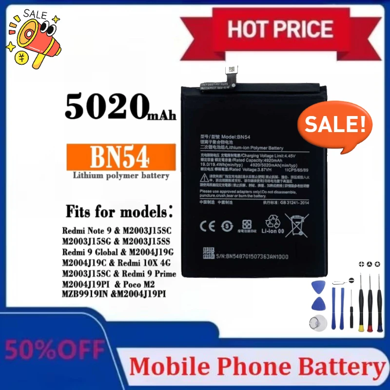 

Новый аккумулятор BN54 5020 мАч для Redmi Note 9/Redmi 9/Redmi 10X-4G/POCO M2/Redmi 9 Prime, аккумуляторы для телефонов с инструментами