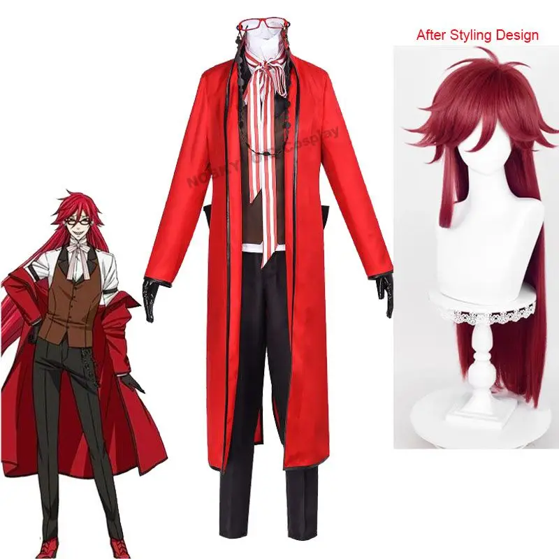 

Black Butler Grell Sutcliff Cosplay Costume Anime Red Coat Uniform Suits Gureru Satokurifu Cosplay Wig Coser Full Outfits