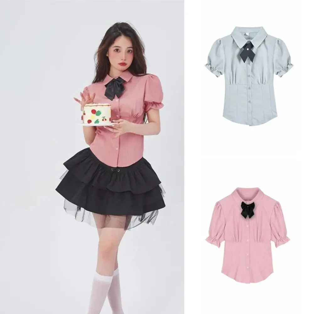 Chic Bowknot JK Kurzarm Shirts Puff Sleeve Y2K Schlanke Bluse Frauen Crop Top Adrette Süße Mädchen Shirts Sommer