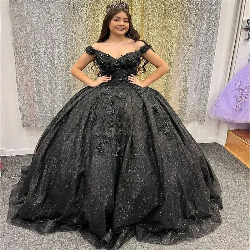 Mexican Black Quinceanera Dresses Charro 2024 Elegant 3D Flowers Beaded Vestidos De Xv 15 Anos Halloween Costume Prom Formal