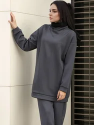 Two-Piece Sets Dark Gray Turkey Women Muslim Autumn Winter New Simple Solid Abaya Clothing 2023 Female Daily Outing Clothes