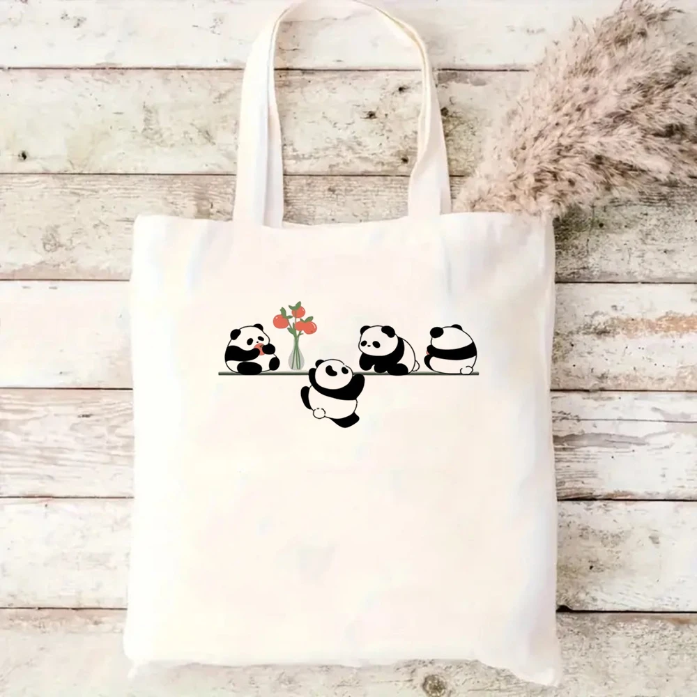 

Cute Panda Canvas Tote Bag Funny Bear Apple Graphic Print Aesthetic Animal Shoulder Purse Reusable Beach Shopping Handbag