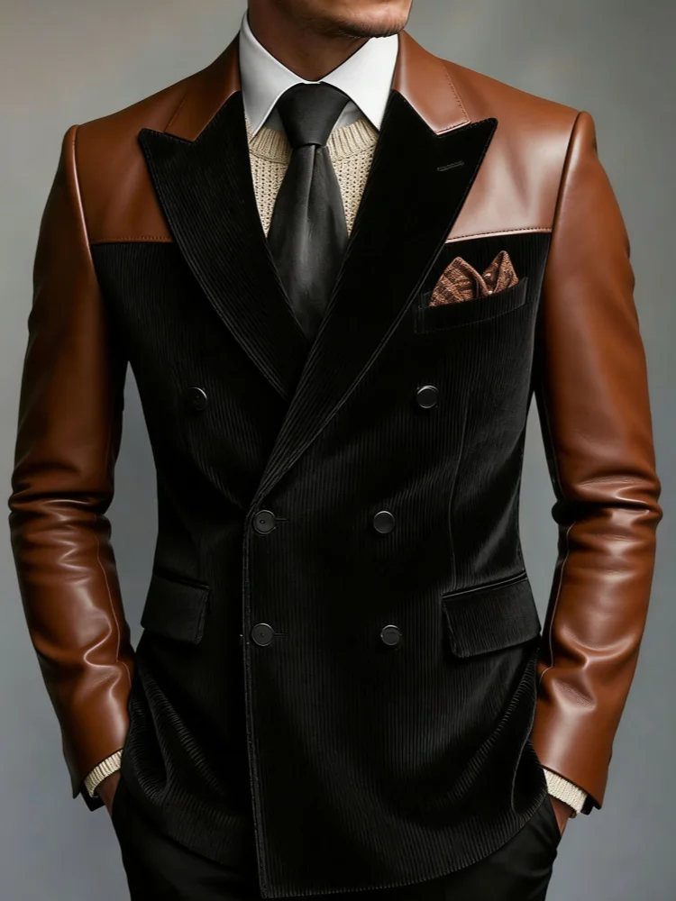 Men Contrast‑Spliced Peak‑Lapel Double‑Breasted Vertical‑Texture Slim‑Fit Light‑Business Blazer Jacket
