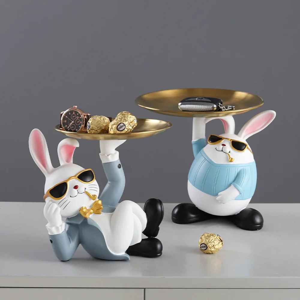 Home Decor Cartoon Rabbit Statue Tray Ornament Living Room Desktop Storage Decorative Animal Sculpture Resin Crafts Gothic Decor