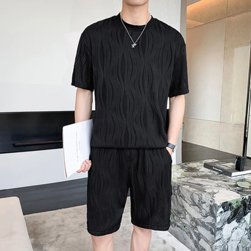 Summer Men's White Black Set Fashion Loose Round Neck Short Sleeved And Shorts Set 2 Pieces Man Tracksuits