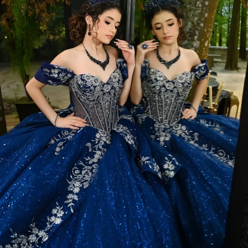 

Shiny dark blue Quinceanera Dress crystal glitter flower Decal Long tail Lace layering Bow Vestidos De 15 Quinceanera ﻿Customiz