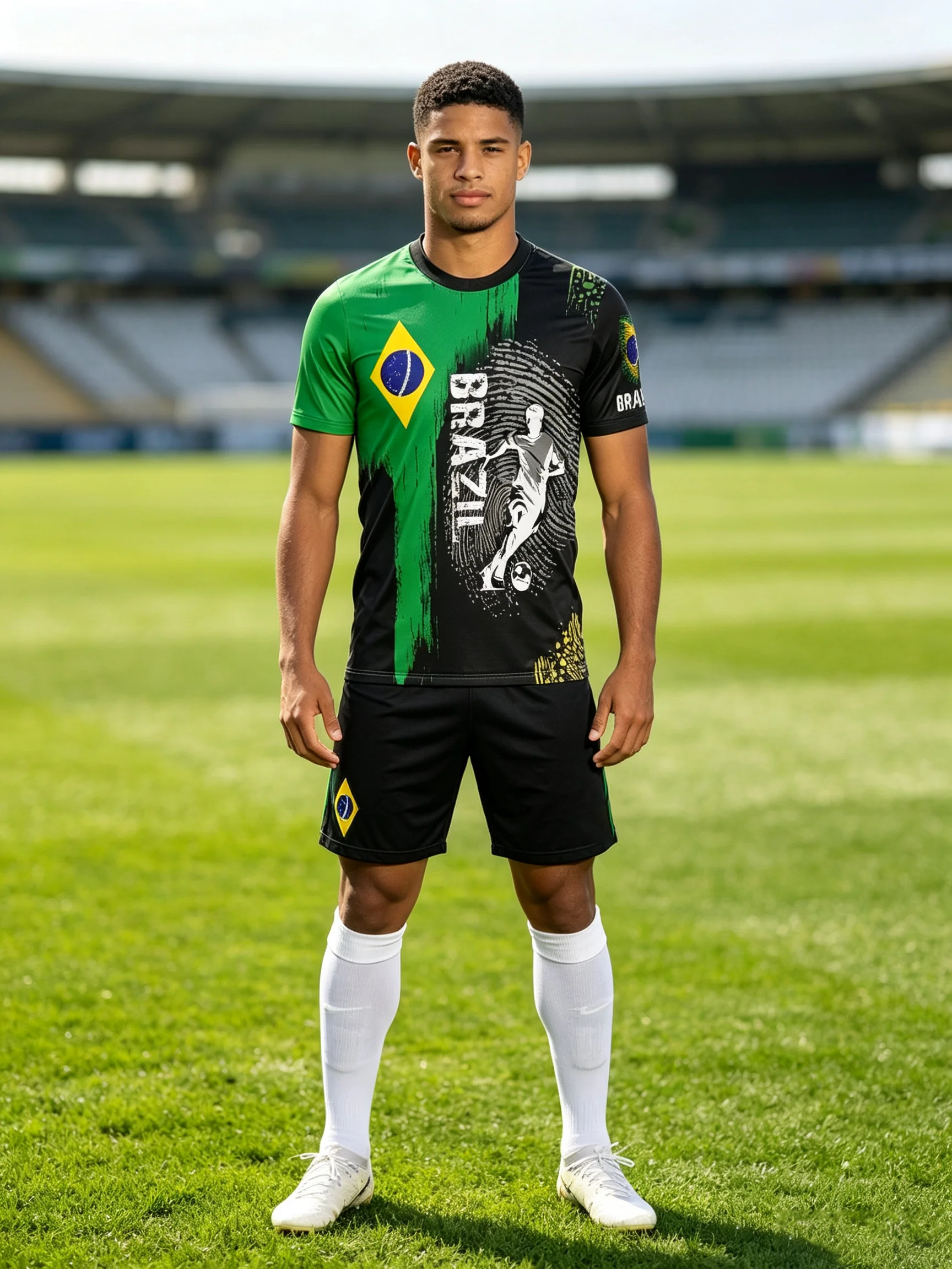 Brazil soccer jersey,green‑black brush print,flag badge & player silhouette,quick‑dry,multiple collar styles