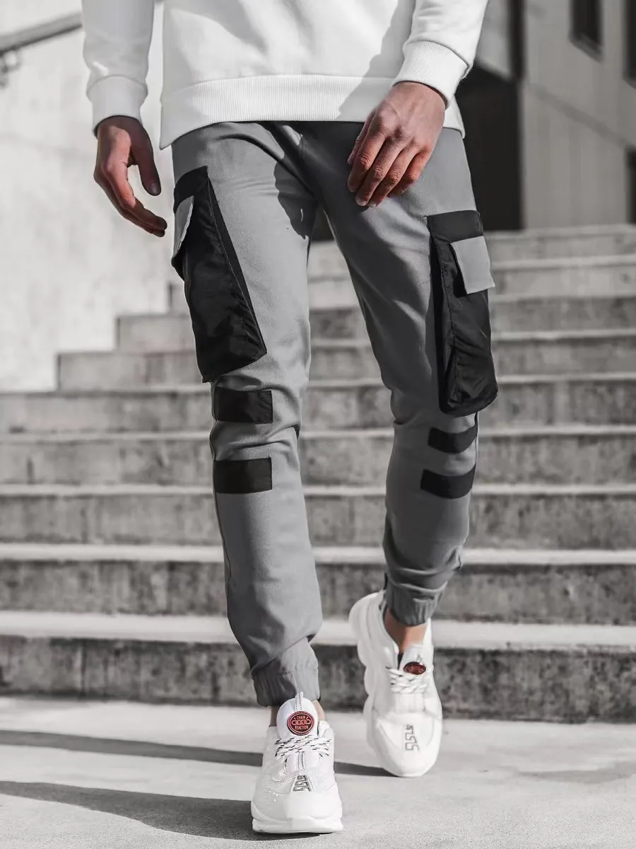 Calça de jogging casual masculina, elástico na cintura, elástico, monocromático, leggings esportivas, comércio exterior