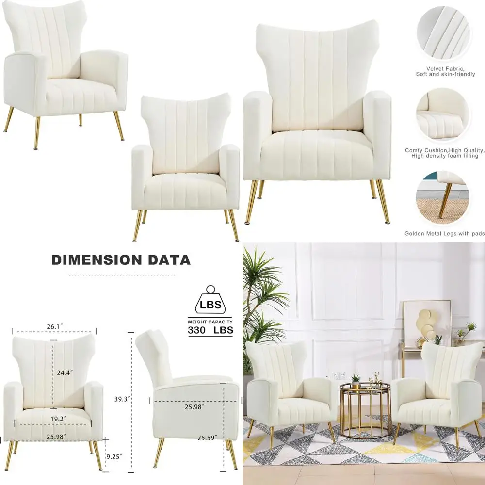 

Pair of Modern White Velvet Wingback Accent Chairs with Gold Metal Legs for Comfortable Living Room Seating