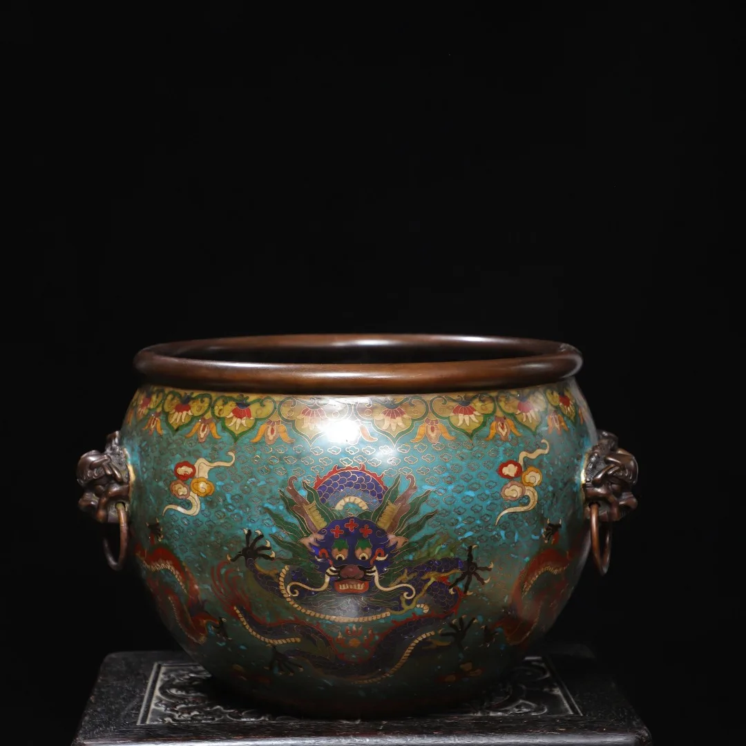 Old Bronze Cloisonne Enamel Floral Pattern Lion head pull ring Dragon head vat Pen wash incense burner copywriting Amass wealth