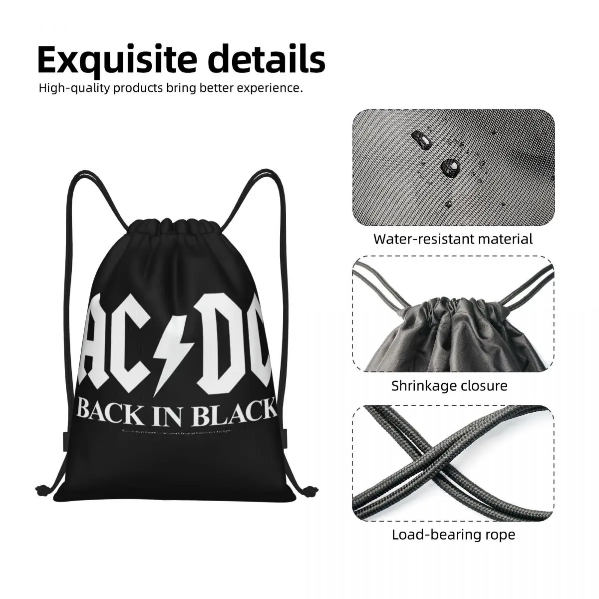 AC Back In Black Band Music mochila con cordón, bolsa de cuerda para hacer ejercicio, gimnasio, deportes